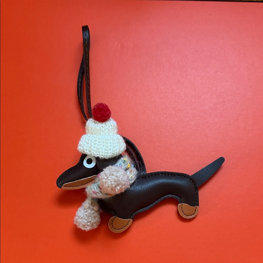 Dachshund Dog Leather Bag Charm with Knit Hat & Scarf